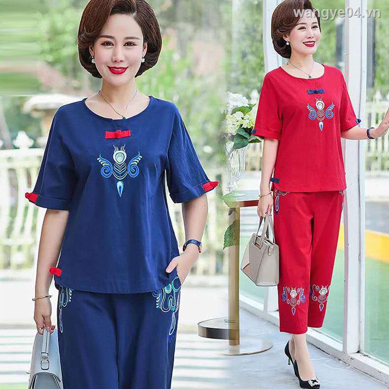 Set Đồ Bộ Cotton Ngắn Tay Thêu Họa Tiết Thanh Lịch Dành Cho Phụ Nữ Trung Niên 2021