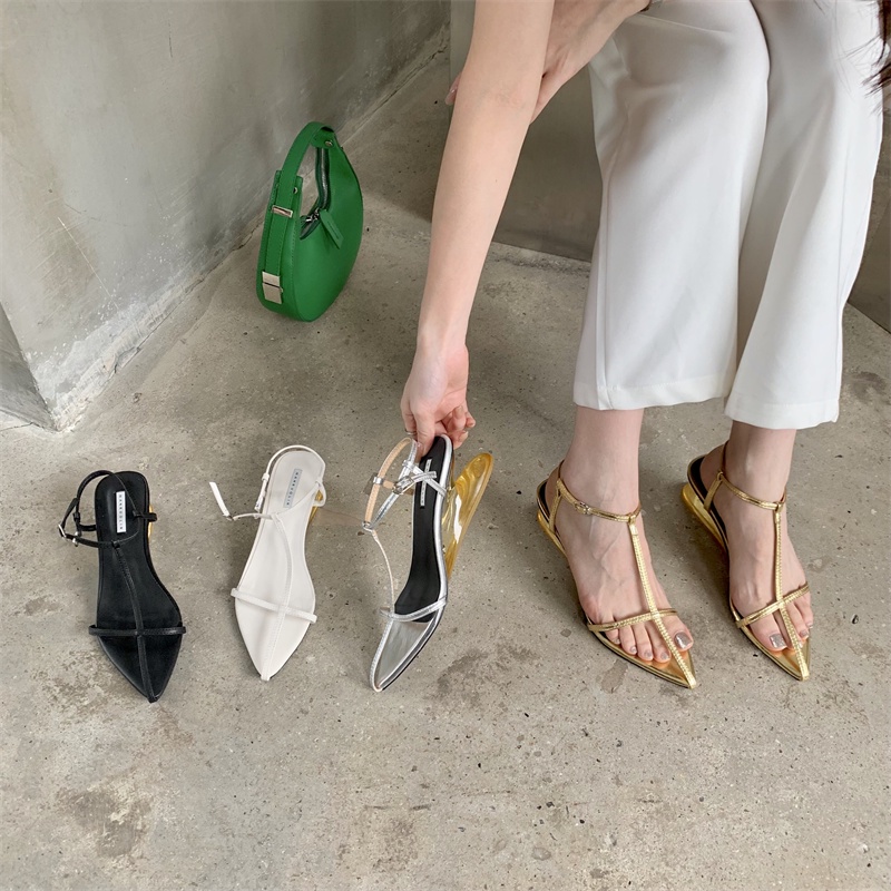 Giày sandal mũi nhọn đế cao trung bình quai mỏng phong cách Hàn Quốc thời trang mùa hè cho nữ
