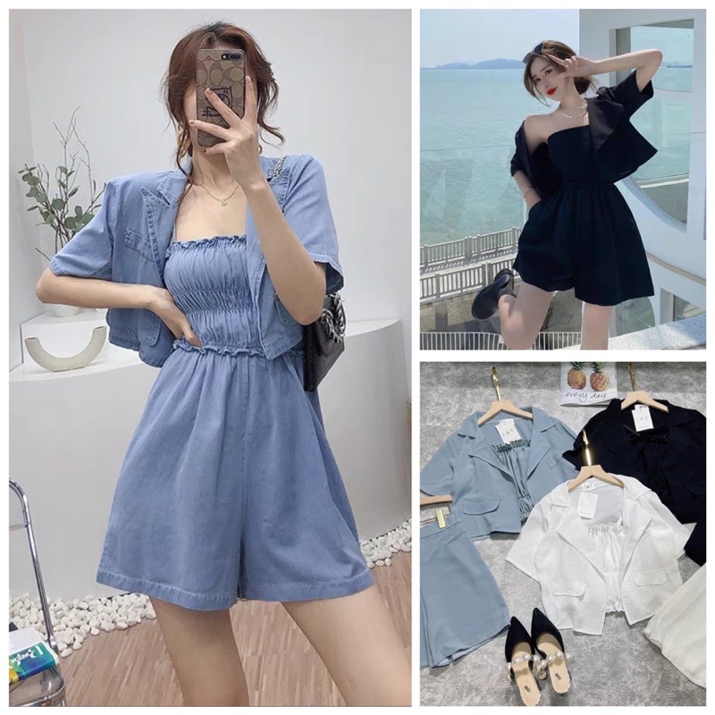 SET 3 MÓN JUMPSUIT 🦋 Set Áo Vest + Hai Dây Nhún +Quần Short nữ 🦋 Trắng Đen Xanh | BigBuy360 - bigbuy360.vn