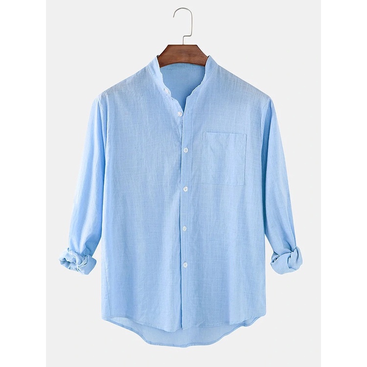 Phong cách Trung Quốc Đàn ông S Đơn giản Thường xuyên Áo sơ mi dài tay nhiều màu bằng vải cotton và lanh Cổ đứng rời