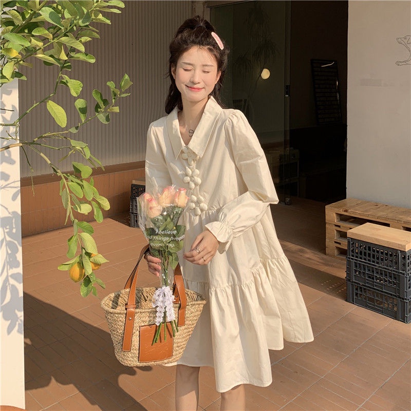 Đầm Tay Dài Cổ Sơ Mi Họa Tiết Hoa Thời Trang Phong Cách Hàn Quốc Cho Nữ