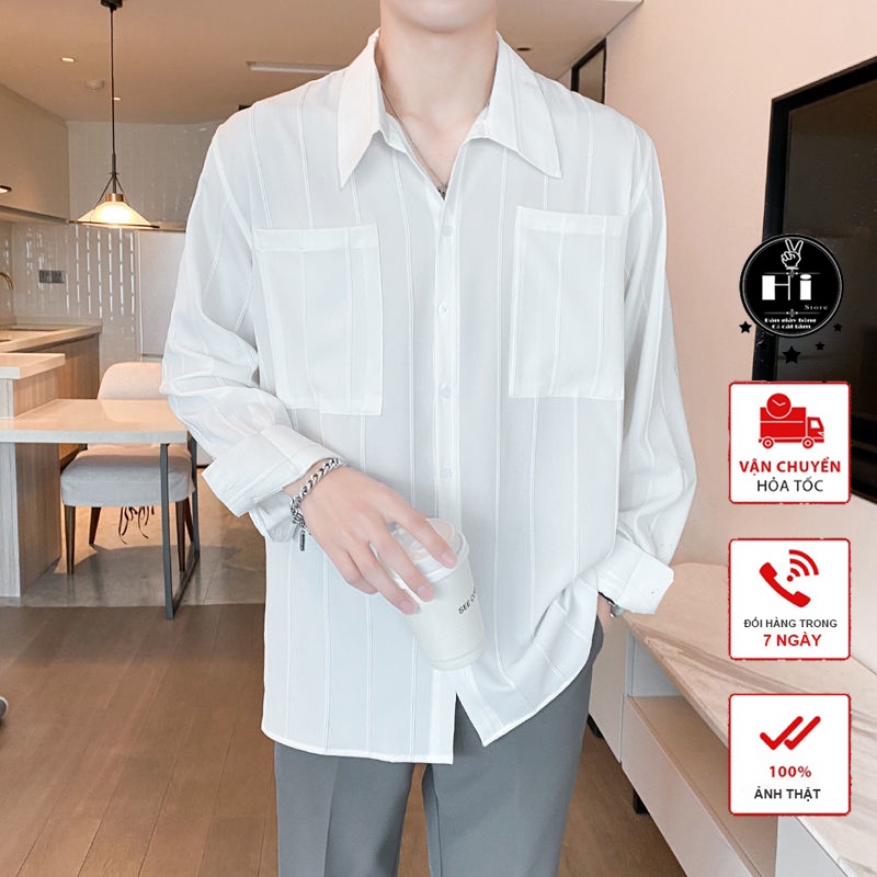 Áo sơ mi gân tay dài, áo sơ mi form dáng rộng, hàng thiết kế