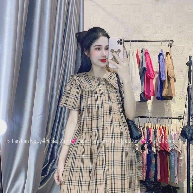 Váy Mùa Hè Kẻ Caro Nâu Thiết Kế Thời Trang Xinh Xắn bầu bí bon chen được nhé