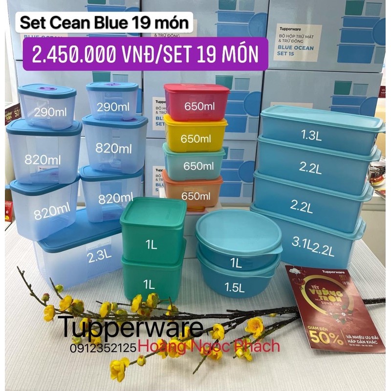 Tupperware - BỘ HỘP TRỮ MÁT & TRỮ ĐÔNG BLUE OCEAN SET 15 + quà tặng 4 hộp đông 650ml thân trong