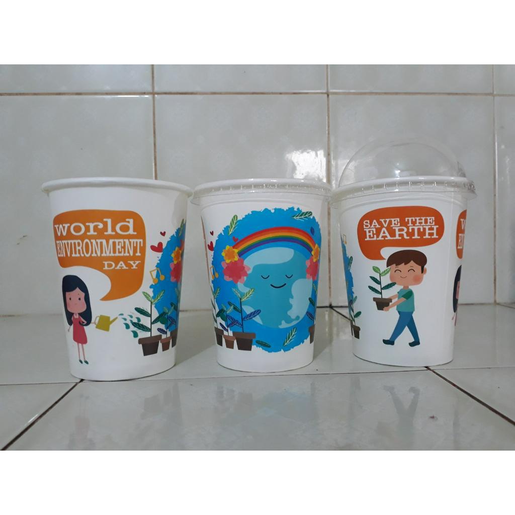 Ly giấy 360ml - 14oz mẫu Save The Earth, Set 100 cái kèm nắp
