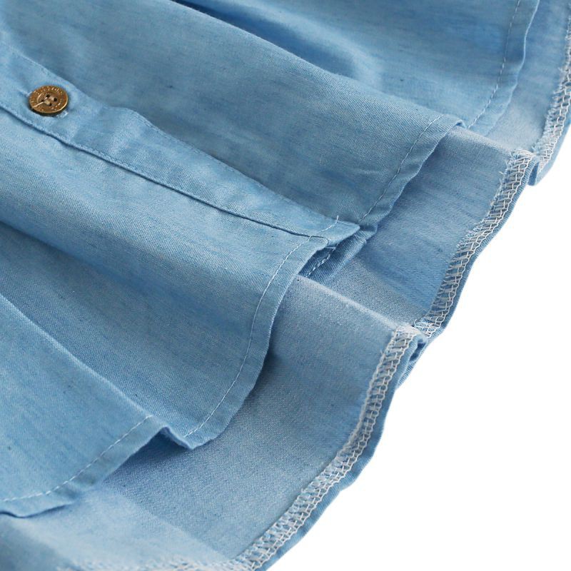 Áo kiểu babydoll cài nút tay dài vải cotton giả jean xinh xắn cho bé gái