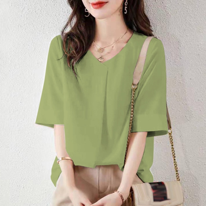 Áo ZANZEA tay lửng cổ chữ V màu trơn thời trang cho nữ