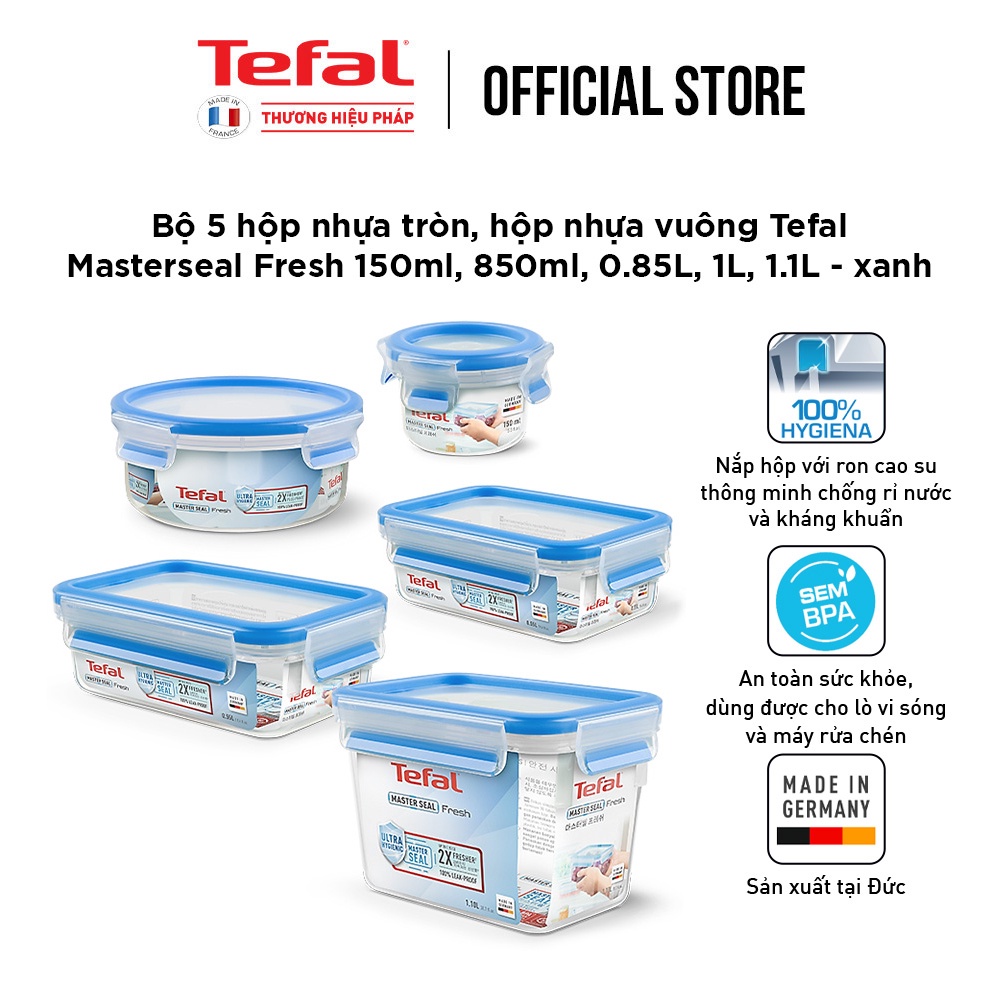 Bộ 5 hộp đựng thực phẩm nhựa Tefal Masterseal Fresh (150ml,850ml,850ml,1000ml,1100ml)