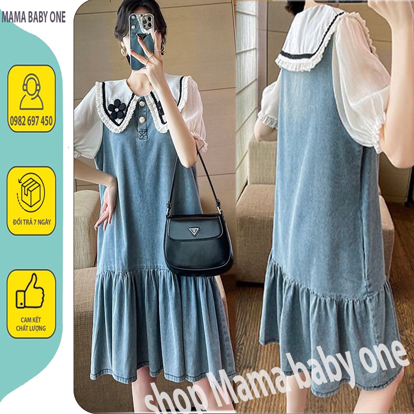 ĐẦM BẦU  TIỂU THƯ XINH XẮN - VÁY BẦU THIẾT KẾ CỔ BÈO ĐÍNH HOA BO ỐNG TAY ĐIỆU ĐÀ ....