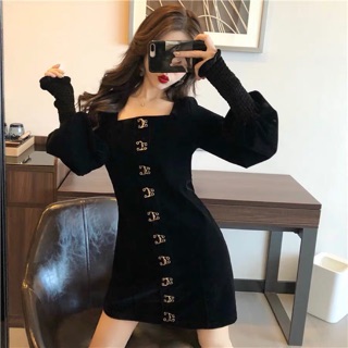 Đầm cổ vuông tay phồng korea