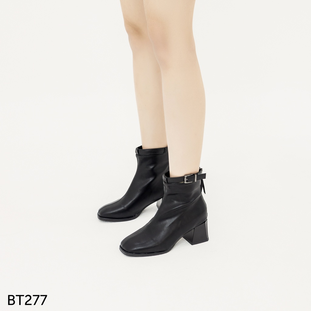 Giày boot nữ Hà Huyền Shoes bốt da mũi tròn cổ đai kim loại gót vuông 5 phân - BT277