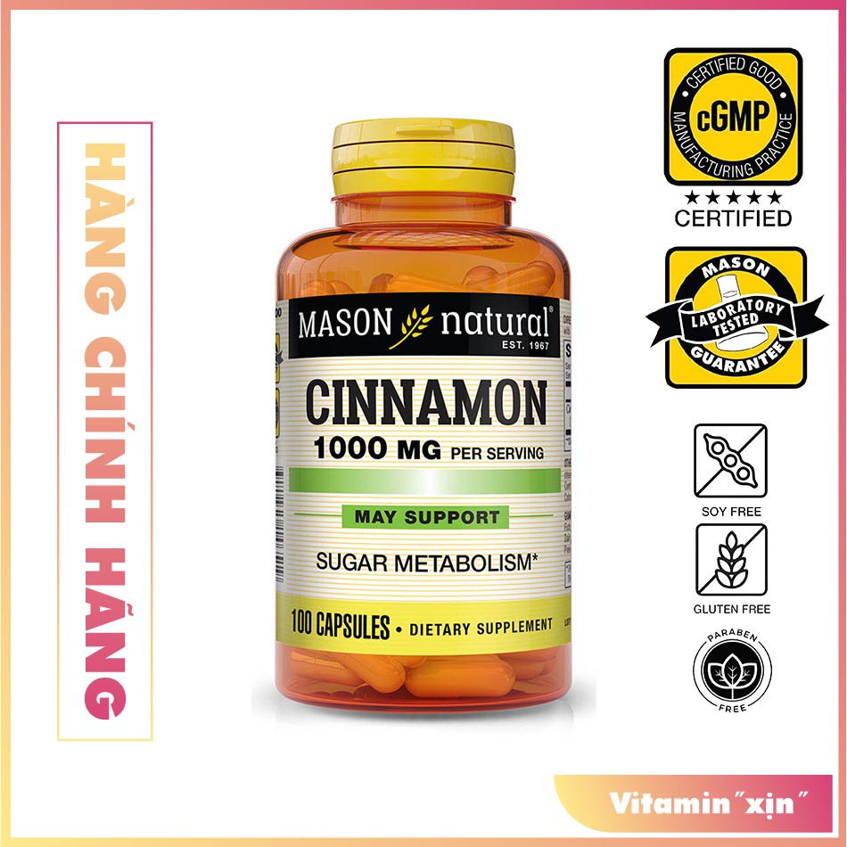 Cinnamon 1000mg (Mason) - Ổn định chỉ số đường huyết giảm nguy cơ biến chứng cho người mắc bệnh tiểu đường.