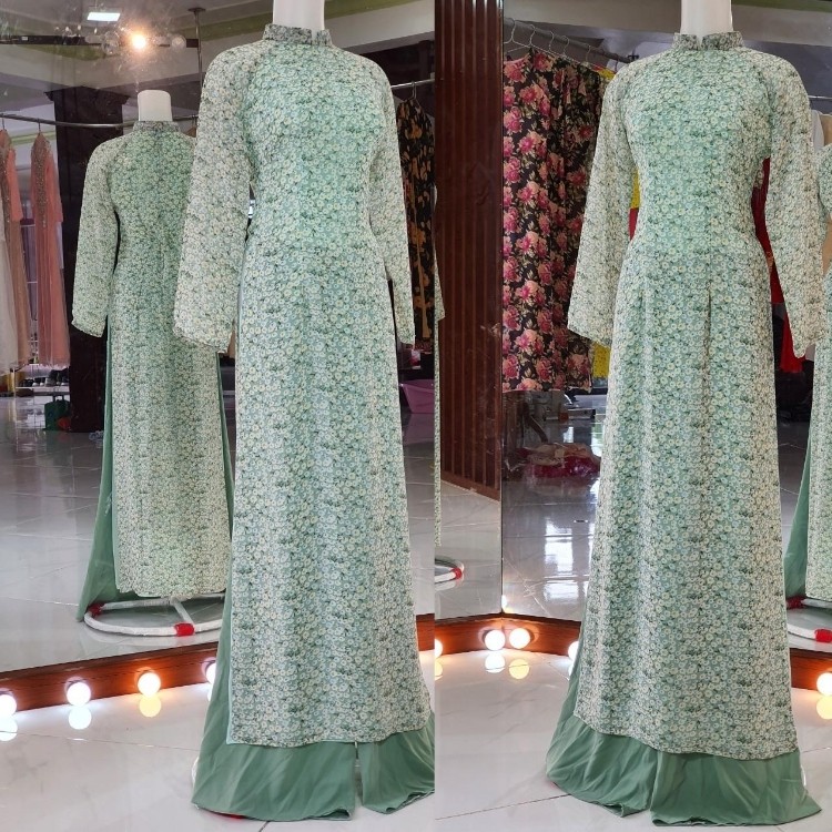 Áo Dài Hoa Nhí  Màu Xanh - Áo Dài Truyền Thống  Chất Liệu Lụa Chiffon  4 Tà ADN03