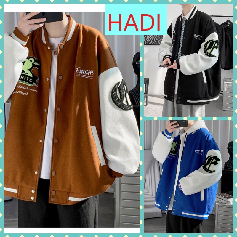 ÁO KHOÁC NỈ NGOẠI NỮ KIỂU BOMBER NÚT BẤM CHỮ EMSM PHỐI LOGO CON GẤU SIÊU CÁ TÍNH MÀU BÒ MÀU ĐEN ẤM ÁP HADI