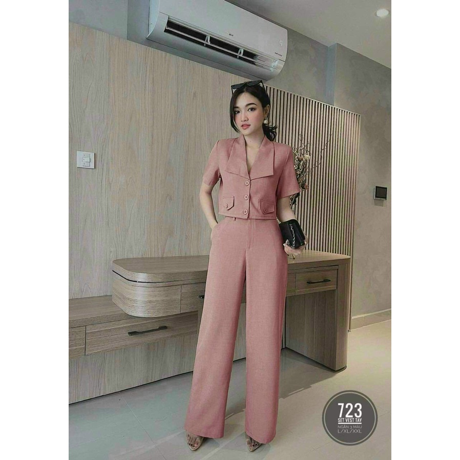 [8.8 Sales Freeship] Set bộ đồ nữ công sở, set áo vest tay ngắn quần dài, set vest nữ 2 món quần suông phối túi dx