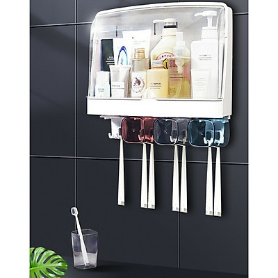 Kệ đựng dụng cụ nhà tắm,bàn chải đánh răng, mỹ phẩm đa năng có nắp chắn nước kèm ly gắn tường tiện dụng