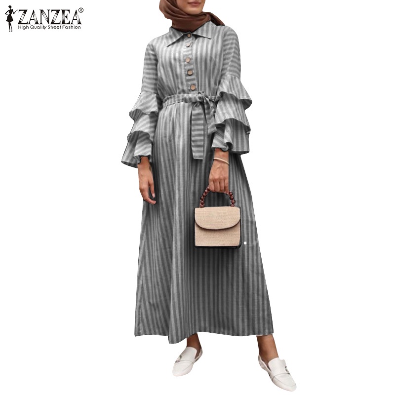 Đầm maxi Zanzea tay dài phong cách retro cho nữ Hồi giáo