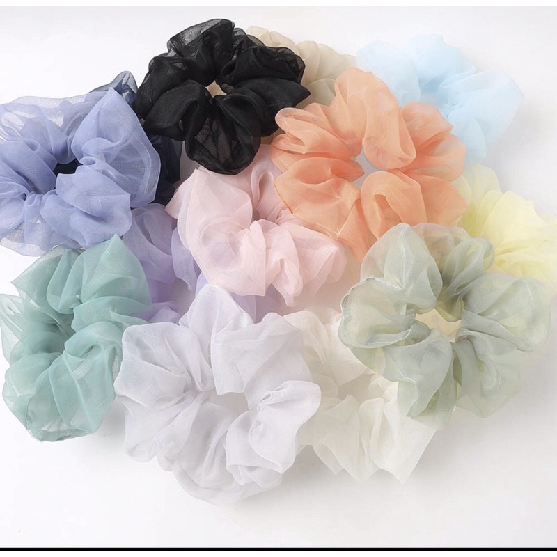 Cột tóc scrunchie vải voan kính mềm hoạ tiết trơn phồng thời trang cho nữ