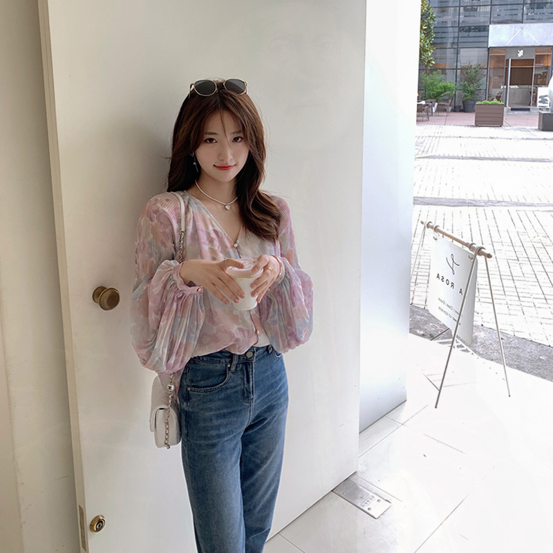 Áo Sơ Mi Voan Tay Dài Phồng Cổ Chữ V Phong Cách Hàn Quốc Cho Nữ