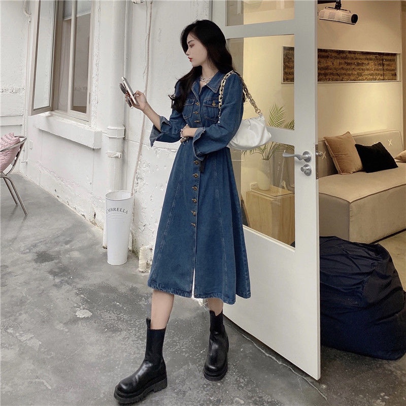 Đầm Denim Dáng Chữ a Tay Dài Ôm Eo Phong Cách Cổ Điển Thời Trang Mùa Xuân Mới 2022