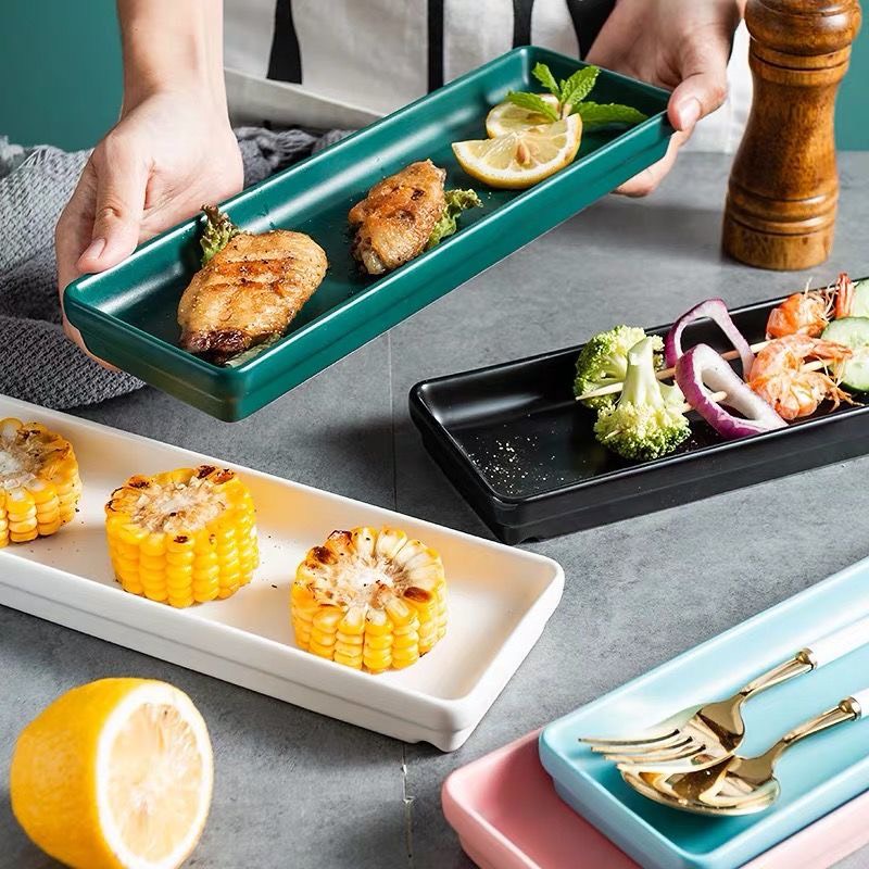 Đĩa sứ hình chữ nhật dáng dài decor, chụp ảnh, bày thức ăn, bánh