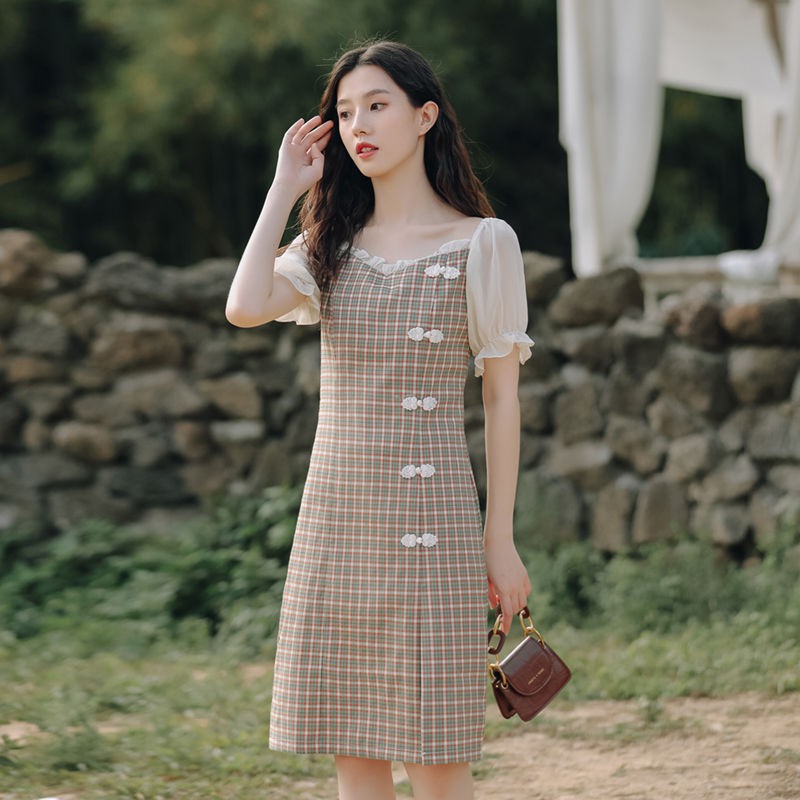 ◊☢☂Phong cách Trung Quốc cỡ lớn người hâm mộ nữ thần váy Hạ từ vai phồng tay áo phiên bản cải tiến sườn xám mỏng m