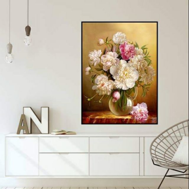 Tranh canvas bình hoa mẫu đơn 40x55 hoặc 50x70 kèm khung
