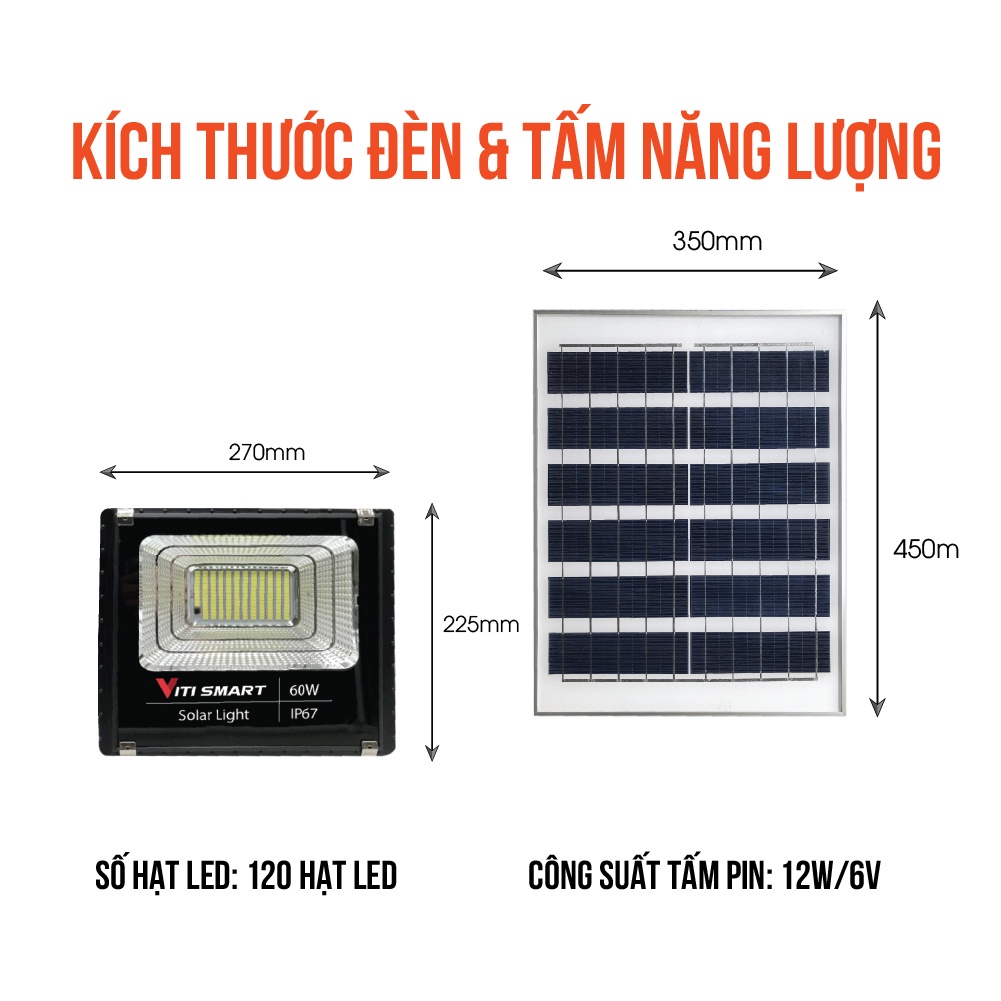Chính hãng ViTi Smart. Đèn pha năng lượng mặt trời 60W