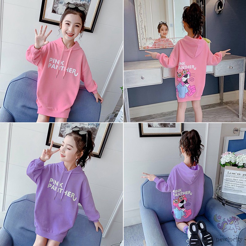 Đầm Thun Tay Dài Có Nón In Họa Tiết Đáng Yêu Cho Bé Gái