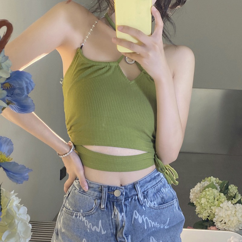 Áo Crop Top Cổ Yếm Phong Cách Hàn Quốc Thời Trang Mùa Hè Quyến Rũ Cho Nữ