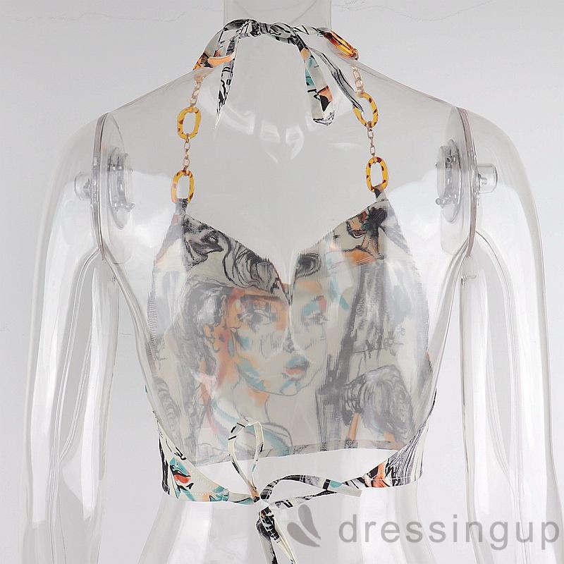 Áo dây phối dây xích cổ yếm hở lưng in họa tiết chân dung quyến rũ thời trang cho nữ