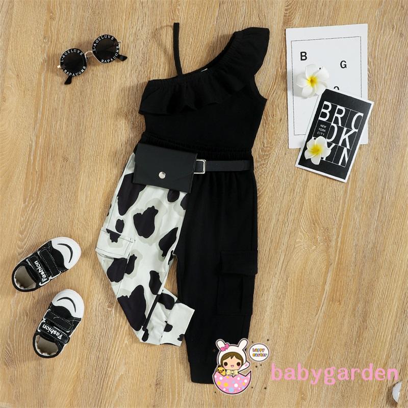 Bộ Áo Hai Dây Không Tay Kèm Quần Họa Tiết Bò Sữa Thời Trang Mùa Hè Cho Bé Gái 1-6 Tuổi
