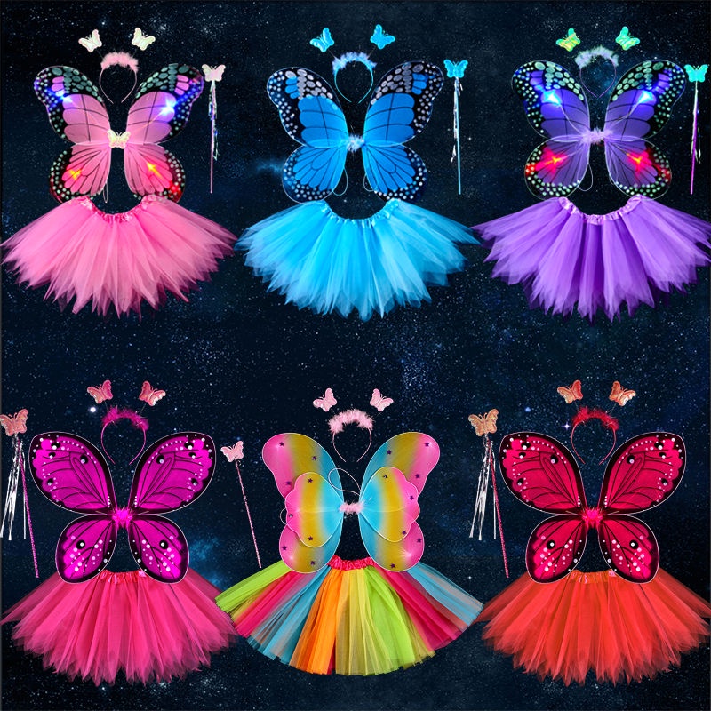 Set Đồ Hóa Trang 4 Món Gồm Cánh Bướm + Đũa Thần + Băng Đô + Váy Tutu Hóa Trang Halloween / Giáng