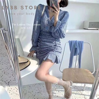 Đầm thun hoa nhí dài tay dáng ngắn chun hông, Váy dạo phố kiểu Hàn Quốc trẻ trung xinh xắn thời trang thu đông mới 2021