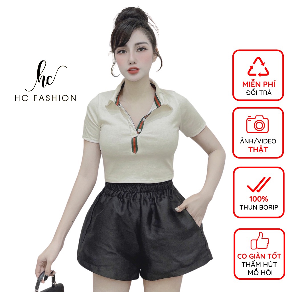 Áo thun nữ cổ bẻ phối cúc 40-55kg, áo croptop kiểu ôm body có cổ đẹp hot hiện nay HC FASHION