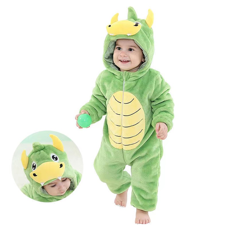 Áo Liền Quần Tay Dài In Hình Khủng Long / Sư Tử Hoạt Hình Đáng Yêu Dành Cho Bé Trai Gái