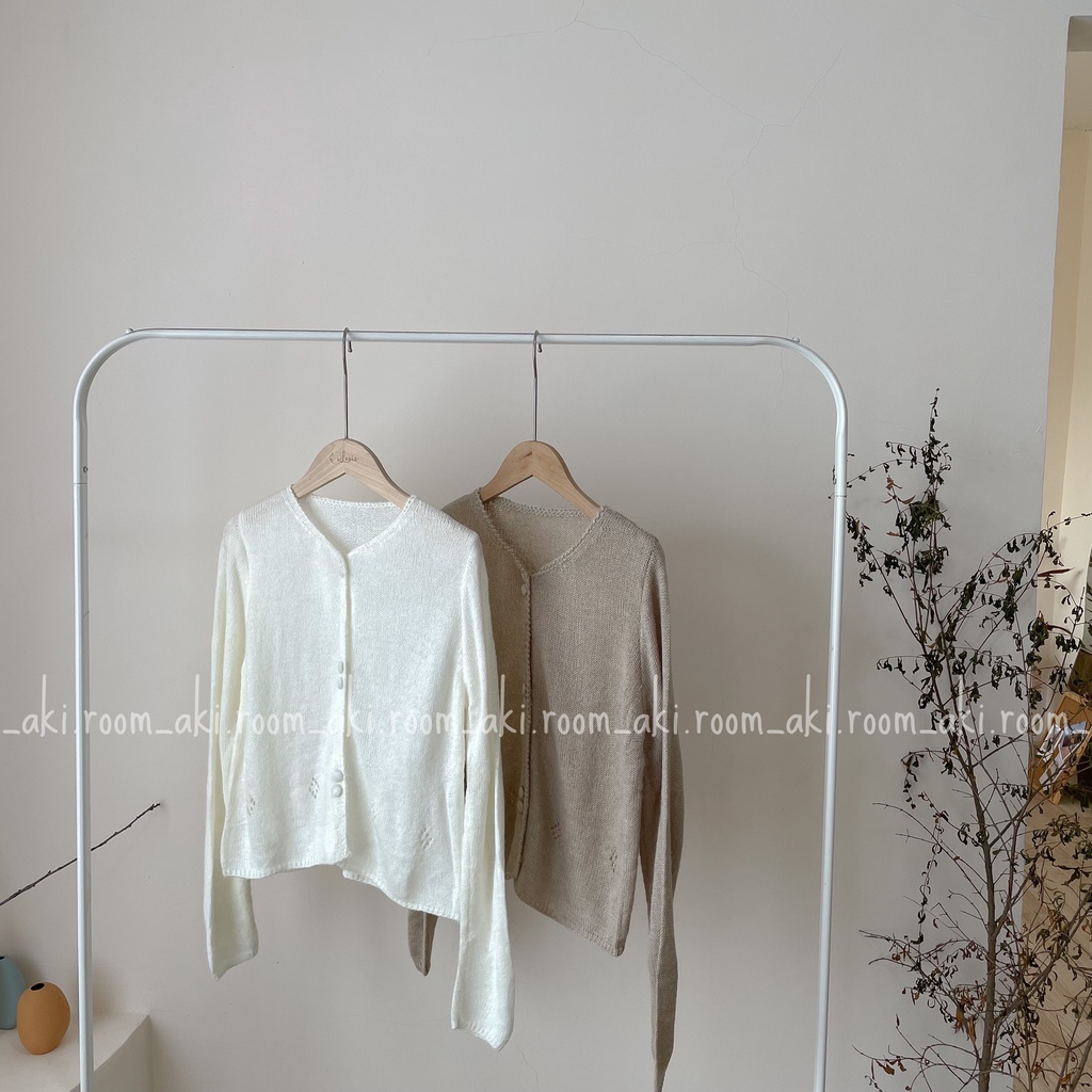 Áo cardigan len lông mỏng cúc bọc cổ tròn