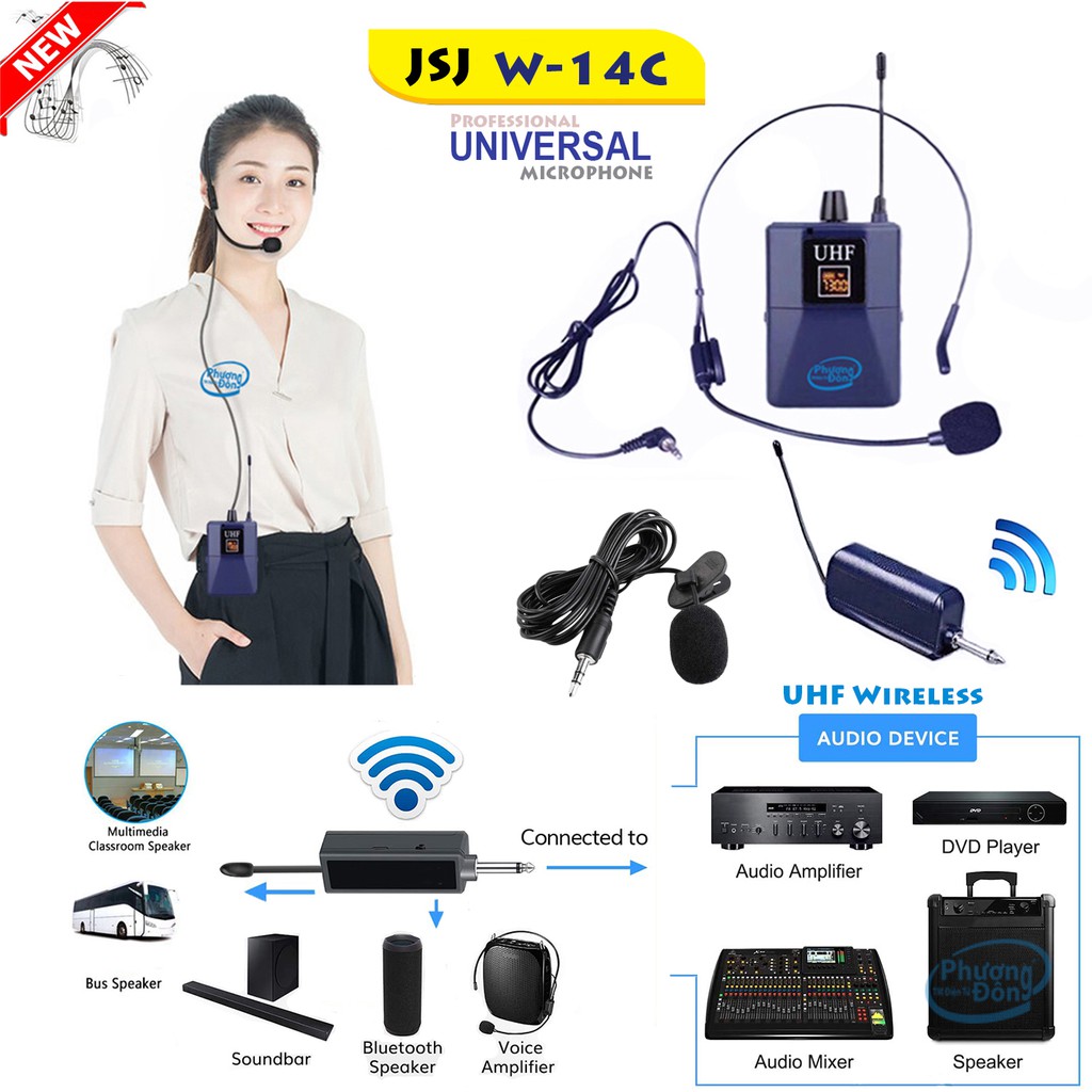 Bộ Micro không dây Đeo tai-Cài áo UNIVERSAL W-14C UHF dành cho Giáo Viên - MC Tặng Jack chuyển 6.5mm ra 3.5mm
