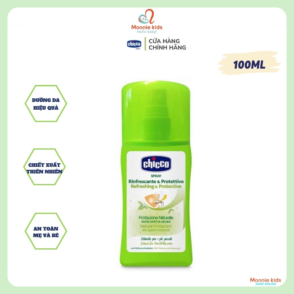 Xịt chống muỗi Chicco 100ml cho bé 2m+, chai xịt muỗi chiết xuất thiên nhiên - Monnie Kids