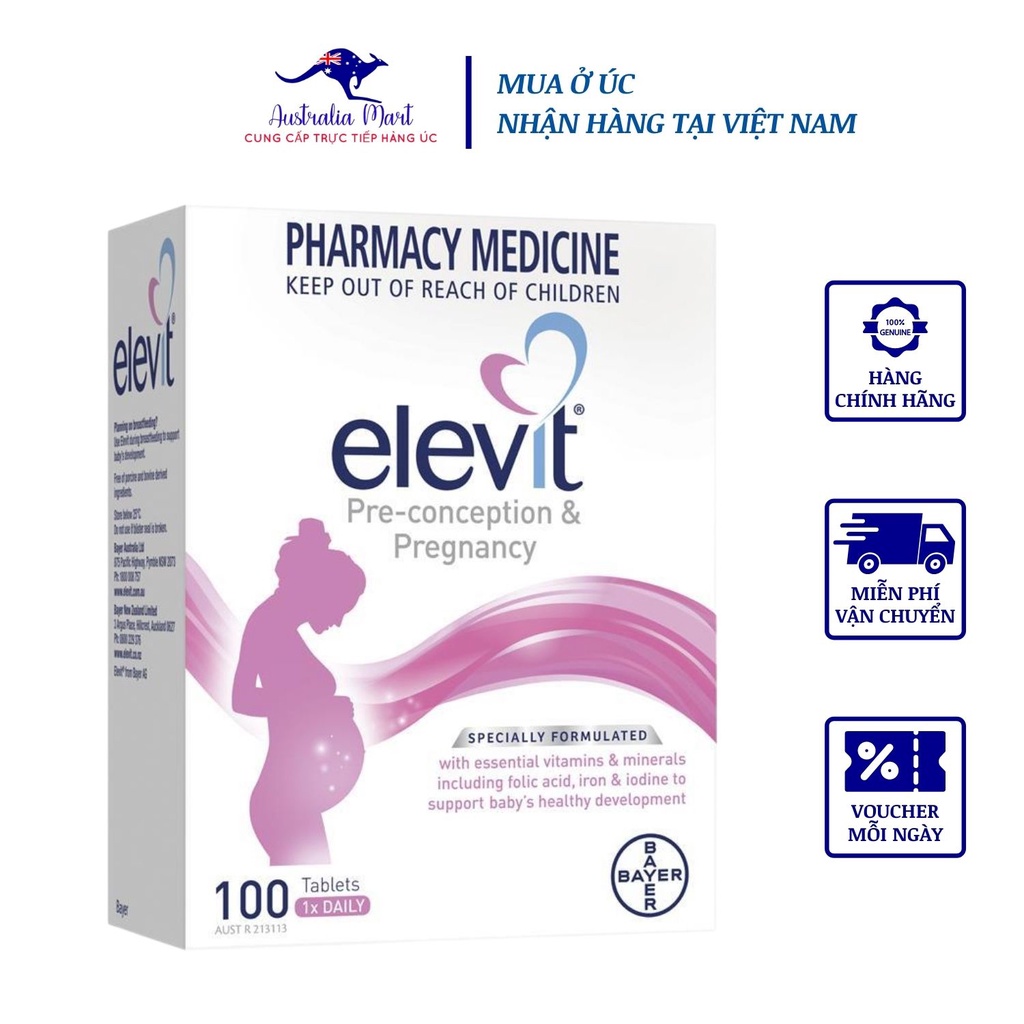 Viên Uống Bayer Elevit Bầu Úc - Vitamin Tổng Hợp Bồi Bổ Sức Khỏe Mẹ Bầu, Bảo Vệ Sức Khỏe Cơ Thể 100 Viên