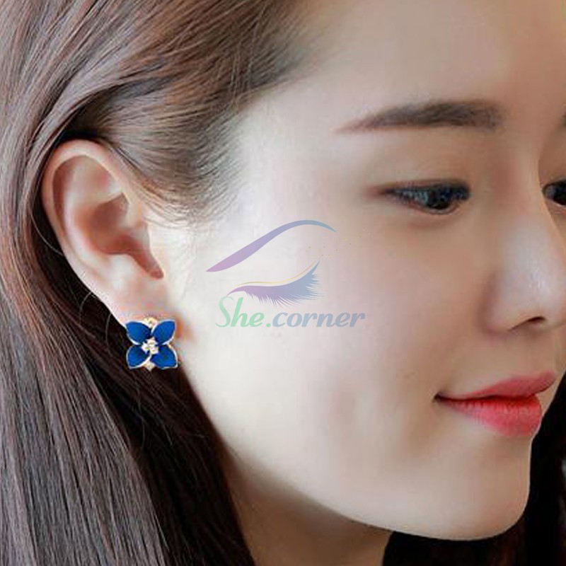 Hoa tai bông tai cánh hoa Camelia E141 thời trang phong cách Hàn Quốc màu xanh, hồng và trắng
