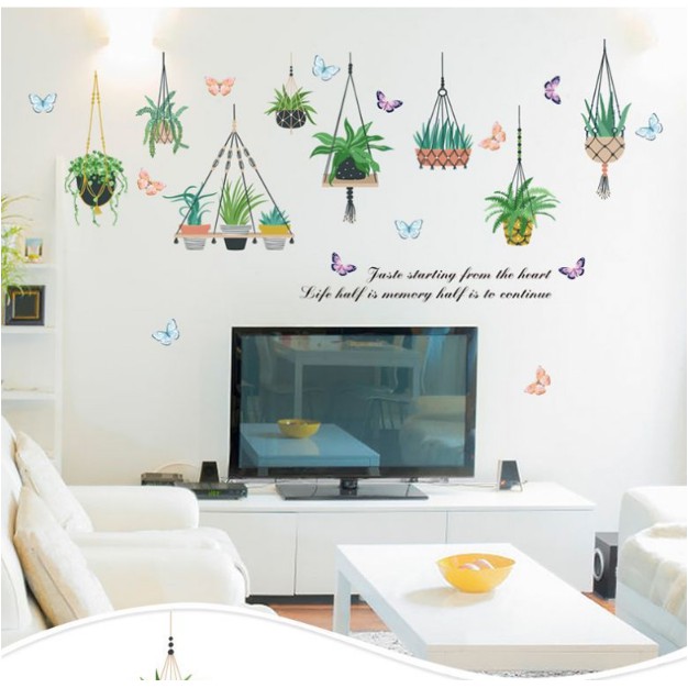 Decal trang trí tường - Nhiều Dây Treo Chậu Kiểng lá cỏ độc đáo