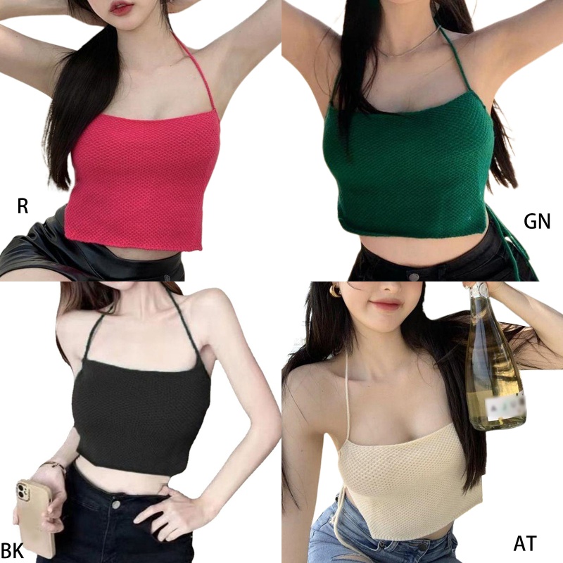 Áo Croptop Dệt Kim Hai Dây Màu Sắc Trơn Quyến Rũ Cho Nữ
