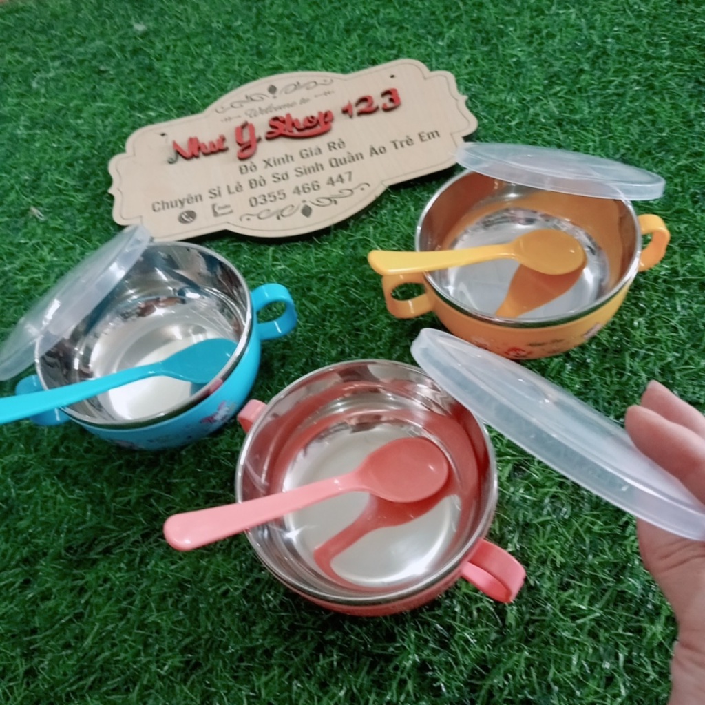 B54 - Bát Ăn Dặm Giữ Nhiệt 2 Lớp Ruột Inox Chống Nóng Có Quai Cầm 2 Bên  Kèm Thìa Và Nắp Đậy