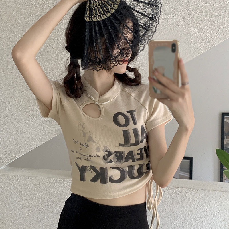 Áo Thun Lửng Ngắn Tay In Chữ Phong Cách Hàn Quốc Dành Cho Nữ