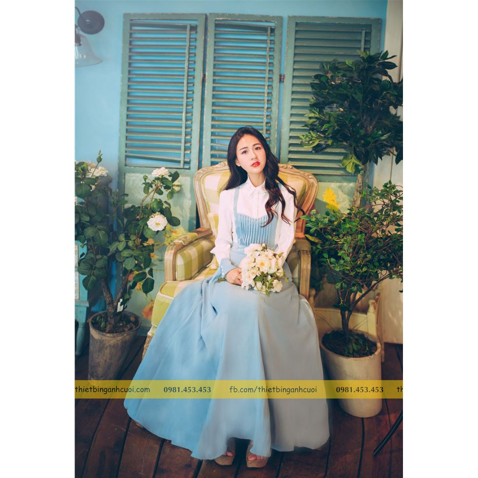 Váy cổ điển Váy xanh Váy chụp ngoại cảnh