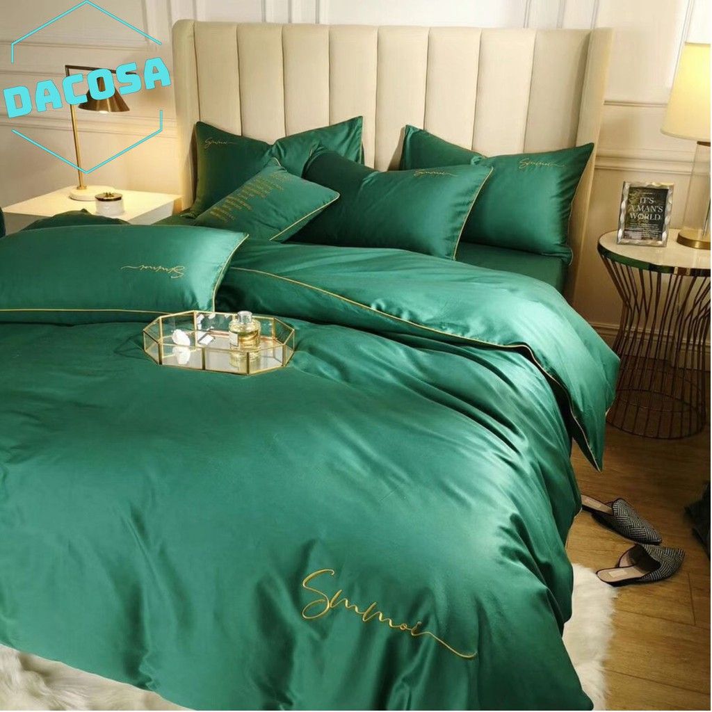 [Giá Sỉ] Bộ Chăn Ga Gối LỤA SUMOI 60S Màu Xanh Rêu Đậm Cao Cấp Khách Sạn
