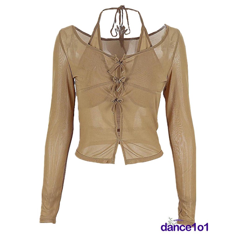 ◑If❀Áo Croptop Tay Dài Màu Sắc Thiết Kế Xuyên Thấu Quyến Rũ