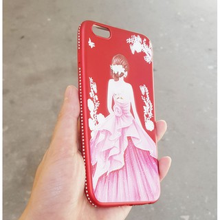 Ốp lưng cô gái đỏ đính đá iPhone 5/6s/6Plus/7Plus (Lưng hoa trắng)