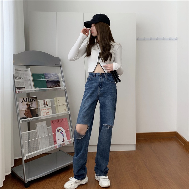 QUẦN JEAN NỮ ỐNG RỘNG ALDORE MÀU XANH ĐẬM RÁCH GỐI PHONG CÁCH ULLZZANG HIPHOP MSC5